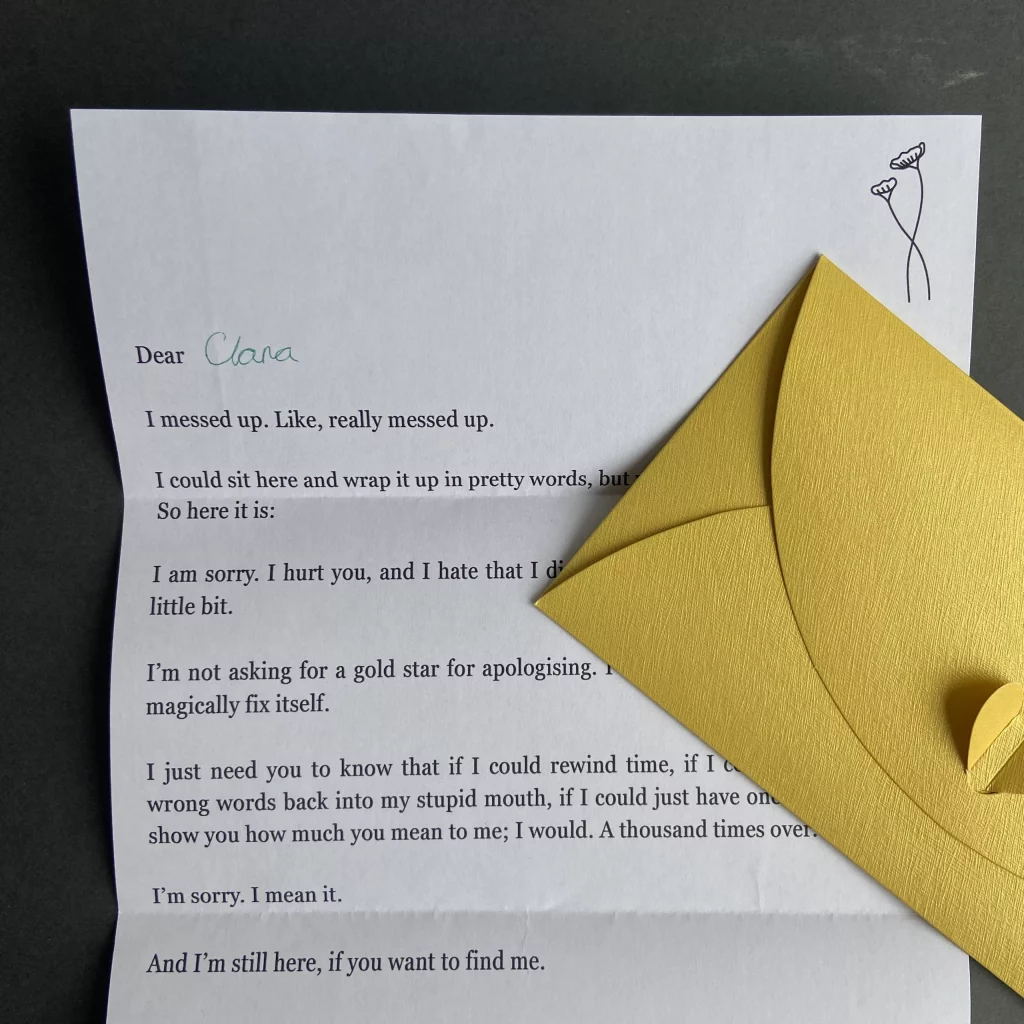A letter with a yellow envelope